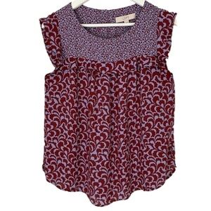 LOFT Blouse Flutter Cap Sleeve Ruffle Maroon Lavender Print Women Size M